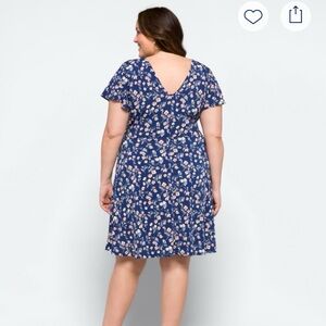 Floral V-Neck faux wrap Blue  pink and white Dress